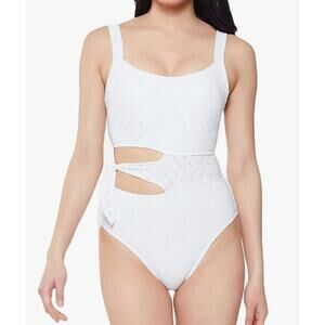 Jessica Simpson Women's White Eyelet One Piece Swimsuit Asymmetric Small NWT